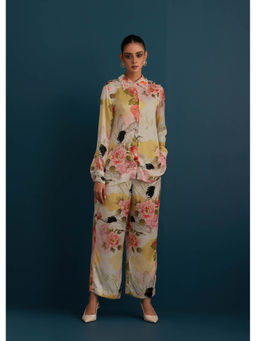 House of Pink - Off White Cotton Silk Floral & Embellished Shirt with Pant (Set of 2)