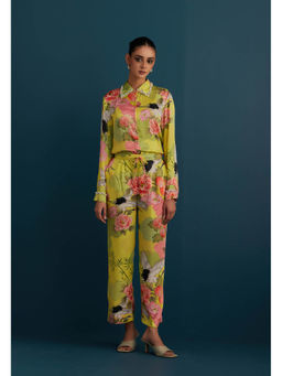 House of Pink - Yellow Cotton Silk Floral & Embellished Shirt with Pant (Set of 2)
