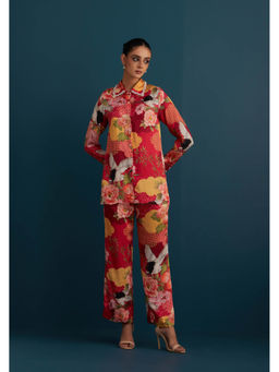 House of Pink - Red Cotton Silk Floral & Embellished Shirt with Pant (Set of 2)