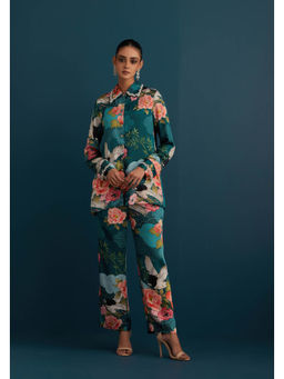 House of Pink - Teal Cotton Silk Floral & Embellished Shirt with Pant (Set of 2)
