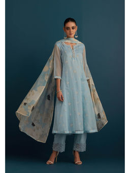 House of Pink - Blue Cotton Silk Floral & Embellished Kurta Pant & Dupatta (Set of 3)