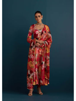 House of Pink - Red Cotton Silk Embellished Anarkali Kurta Churidar & Dupatta (Set of 3)