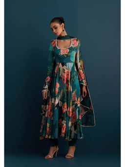 House of Pink - Teal Cotton Silk Embellished Anarkali Kurta Churidar & Dupatta (Set of 3)