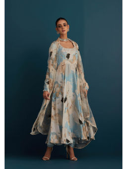 House of Pink - Blue Cotton Silk Embellished Anarkali Kurta Churidar & Dupatta (Set of 3)