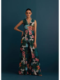 House of Pink - Teal Cotton Silk Floral & Embellished Jumpsuit