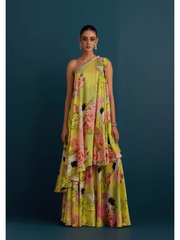 House of Pink - Yellow Cotton Silk Floral & Embellished Top With Gharara (Set of 2)