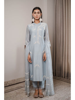 House of Pink - Blue Chanderi Embroidered & Embellished Kurta Pant & Dupatta (Set of 3)