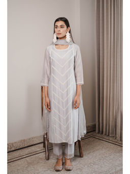 House of Pink - Grey Chanderi Embroidered & Embellished Kurta Pant & Dupatta (Set of 3)