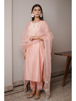 House of Pink - Peach Chanderi Embroidered & Embellished Kurta Pant & Dupatta (Set of 3)