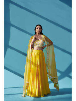 House of Pink - Yellow Chanderi Embroidered & Embellished Lehenga Choli & Dupatta (Set of 3)