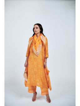 House of Pink - Orange Chanderi Printed & Embroidered Kurta Pant & Scarf (Set of 3)