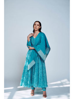 House of Pink - Blue Chanderi Printed & Embroidered Anarkali Kurta Churidar & Scarf (Set of 3)