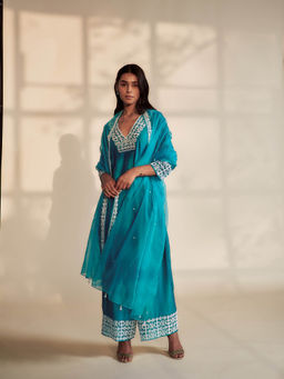 House of Pink - Blue Chanderi Embroidered & Embellished Kurta Palazzo & Dupatta (Set of 3)