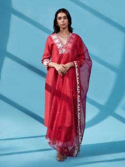 House of Pink - Red Chanderi Embroidered & Embellished Kurta Palazzo & Dupatta (Set of 3)