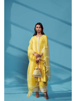 House of Pink - Yellow Chanderi Embroidered & Embellished Kurta Palazzo & Dupatta (Set of 3)