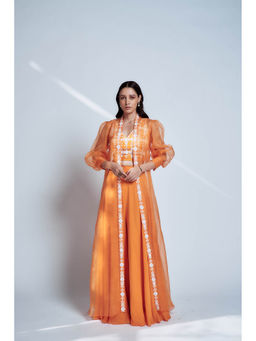 House of Pink - Orange Chanderi Embroidered & Embellished Blouse Palazzo & Cape (Set of 3)