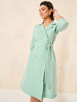 Styli - Green Notch Lapel Blazer Knee Length Dress with Tie Belt (Set of 2)