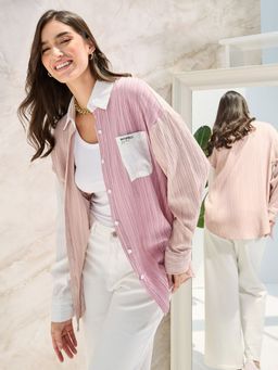 Styli - Pink Drop Shoulder Textured Oversized Shirt