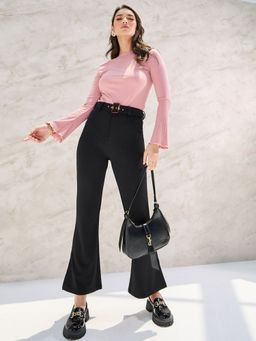 Styli - Black Side Slit Fit & Flare Pants with Belt (Set of 2)