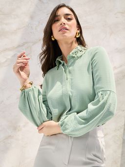 Styli - Green Lace Collar Placket Detail Relaxed Fit Shirt