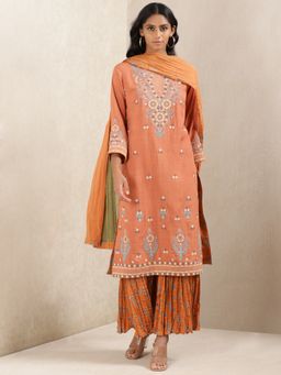 Ritu Kumar - Rust Embroidered Kurta with Sharara and Dupatta (Set of 3)