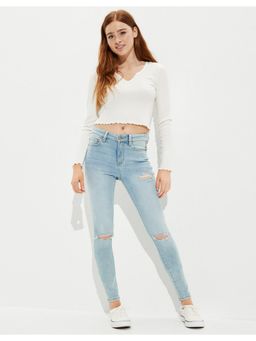 American Eagle - WoWomen Blue Next Level Soft Knit Ripped High-Waisted Jeans