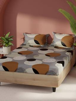 BIANCA - Cotton Fabric Bedsheet With 2 Pillow Covers Home Of Ora Abstract - Grey/Brown (Double)