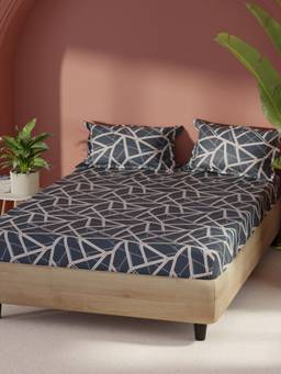 BIANCA - Cotton Fabric Bedsheet With 2 Pillow Covers Home Of Ora Abstract - Navy (Double)