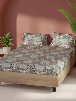 BIANCA - Cotton Fabric Bedsheet With 2 Pillow Covers Home Of Ora Floral - Green/Brown (Double)