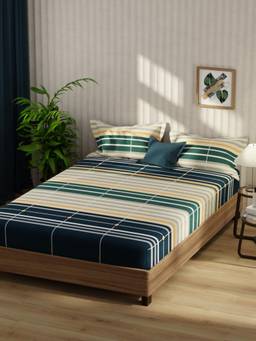 KOPA - Bamboo Micro Fabric Bedsheet With 2 Pillow Covers Santiago Stripe - Navy/Cream (Double)