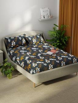 KOPA - Smooth Micro Bedsheet With 2 Pillow Covers Unvague Floral - Grey/Mustard (Double)