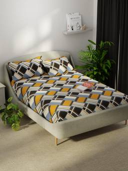KOPA - Smooth Micro Bedsheet With 2 Pillow Covers Unvague Geometric - Grey/Mustard (Double)
