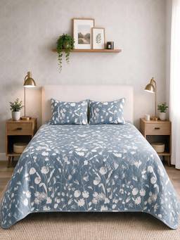 Linen Home - Percale Cotton Reversible Quilted Bedspread With 2 Pillow Covers Blossomy Blue (King)