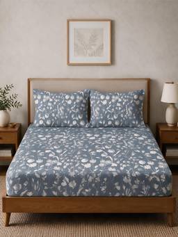Linen Home - Percale Cotton Percale Fitted Bedsheet With 2 Pillow Covers Blossomy Blue (Single)