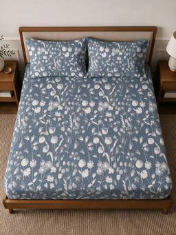 Linen Home - 100% Percale Cotton Percale Fitted Bedsheet With 2 Pillow Covers Blossomy Blue