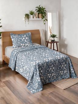 Linen Home - 100% Percale Cotton Percale Flat Bedsheet & Pillow Cover Blossomy Blue (Single)