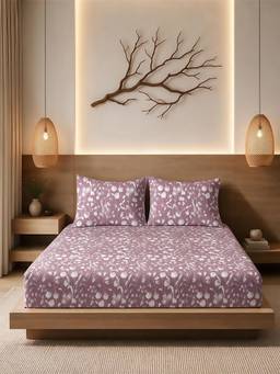 Linen Home - 100% Percale Cotton Percale Fitted Bedsheet With 2 Pillow Covers Blossomy Mauve