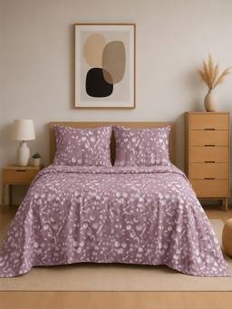 Linen Home - 100% Percale Cotton Percale Flat Bedsheet With 2 Pillow Covers Blossomy Mauve (King)