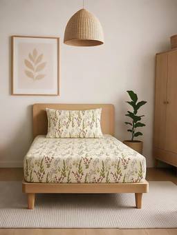 Linen Home - 100% Percale Cotton Percale Fitted Bedsheet With 2 Pillow Cover Moss and Fern