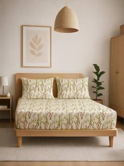 Linen Home - 100% Percale Cotton Percale Fitted Bedsheet With 2 Pillow Covers Moss and Fern (Single)