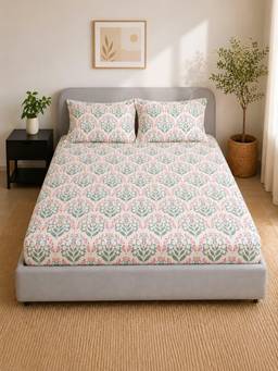 Linen Home - Percale Cotton Percale Fitted Bedsheet With 2 Pillow Covers Sequence Pink (Single)