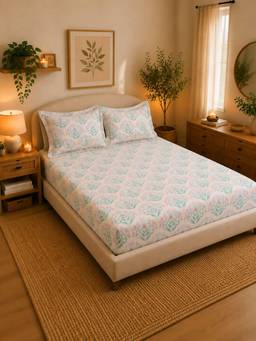 Linen Home - 100% Percale Cotton Percale Fitted Bedsheet With 2 Pillow Covers Sequence Pink