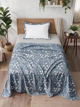 Linen Home - 100% Percale Cotton Percale Flat Bedsheet & Pillow Cover Blossomy Blue (Single)