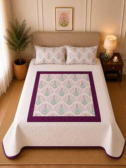 Linen Home - Percale Cotton Reversible Quilted Bedspread With 2 Pillow Covers Sequence Pink (King)
