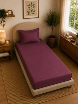 Linen Home - 100% Percale Cotton Percale Fitted Bedsheet With 2 Pillow Cover Damson Berry