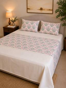 Linen Home - 100% Percale Cotton Percale Flat Bedsheet With 2 Pillow Covers Sequence Pink (Queen)