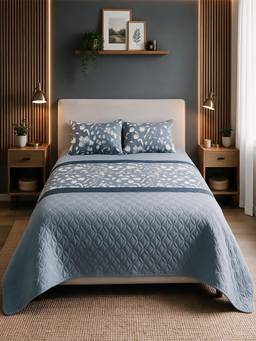 Linen Home - Percale Cotton Reversible Quilted Bedspread With 2 Pillow Covers Blossomy Blue (King)
