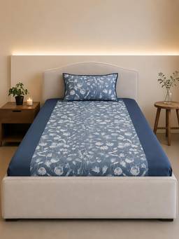Linen Home - 100% Percale Cotton Percale Fitted Bedsheet With 2 Pillow Cover Blossomy Blue