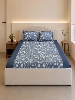 Linen Home - Percale Cotton Percale Fitted Bedsheet With 2 Pillow Covers Blossomy Blue (Single)