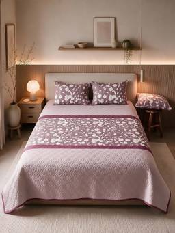 Linen Home - Percale Cotton Reversible Quilted Bedspread With 2 Pillow Covers Blossomy Mauve (King)